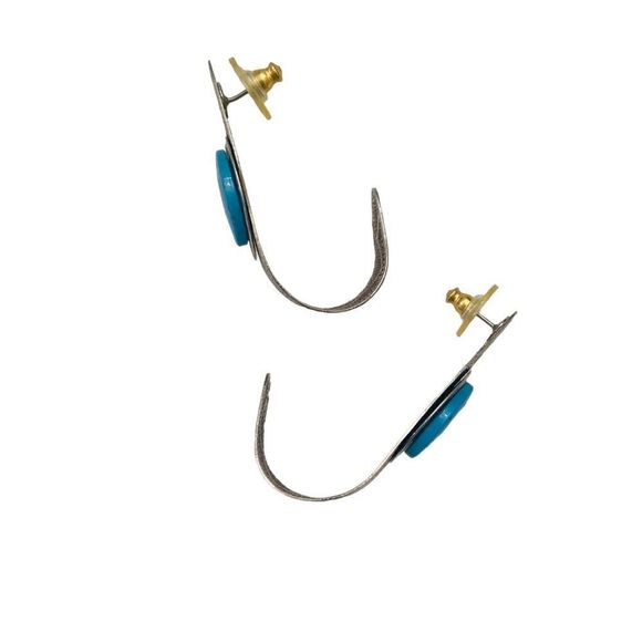 Vintage pierced zig zag textured silver tone faux turquoise stones earrings - Picture 7 of 8